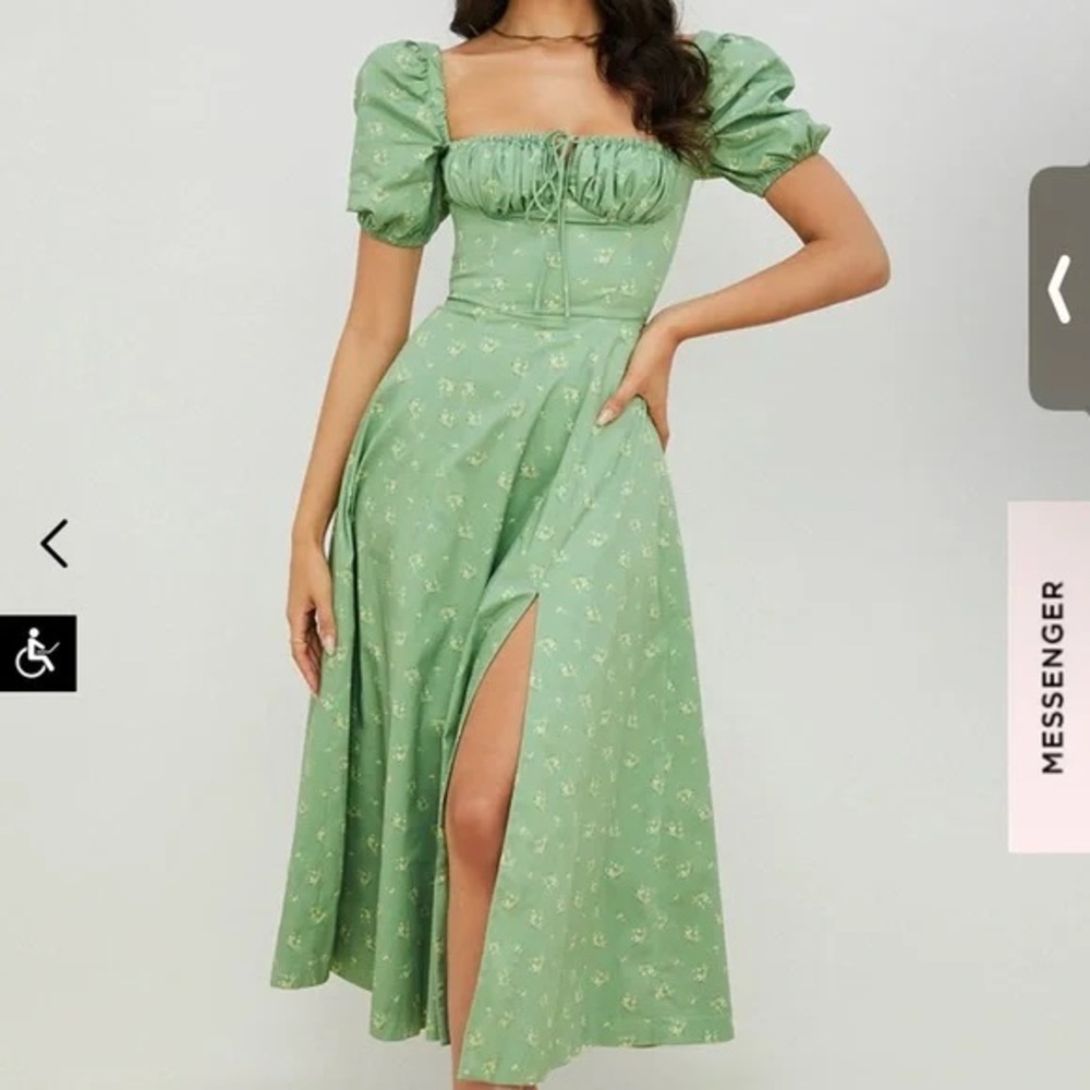 House of CB Tallulah Green tonal floral puff sleeve midi dress | sz L
